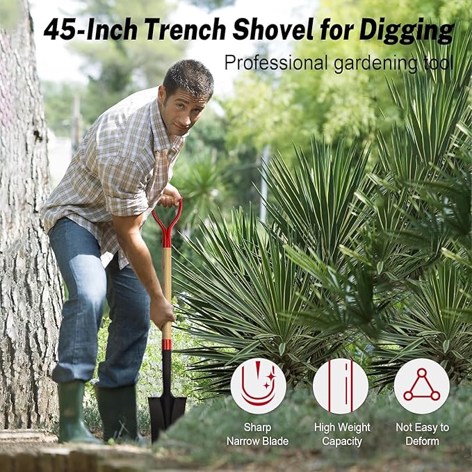 Drain Spade Shovel, Garden Drain Spade, Trenching Shovel, Woode D-Handle, Steel Y-Grip, 45 Inch Spade for Digging Transplanting & Edging (Red)