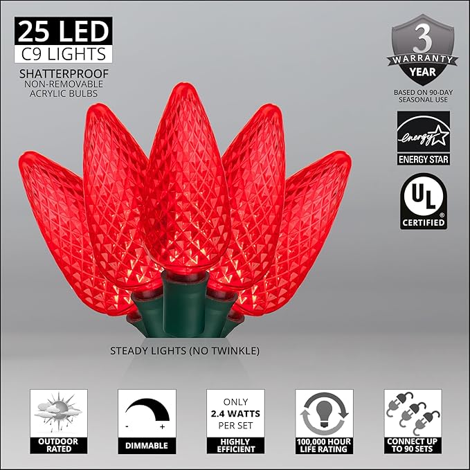 Wintergreen Lighting 25 Red C7 Christmas Lights, 17 Ft – Red LED String Lights for Outdoor Holiday Decor, Valentine's Day and Party Lighting