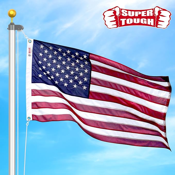 Super Tough 5Ft x 8Ft American Flag - Double Sided, Heavy Duty Nylon USA Flag with Embroidered Stars and Sewn Stripes Suitable for Outdoors - Red/White/Blue