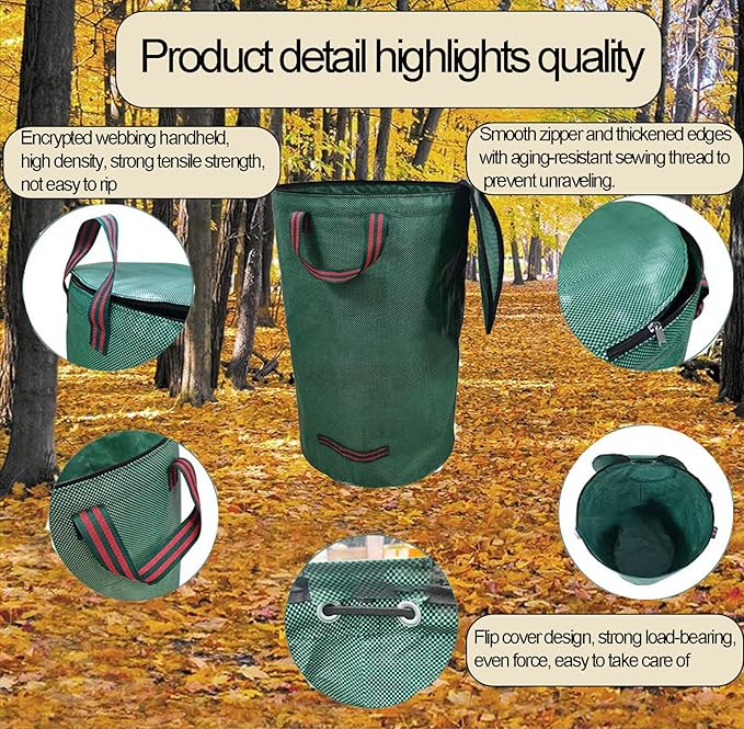 Reusable Yard Waste Bags,with Lid Extra Large Lawn Leaf Bags with Gardening Gloves,Standable Garden Waste Bag With 4 Handles,Container for Leaves,Lawn Debris & Grass Clippings(132Gallon)