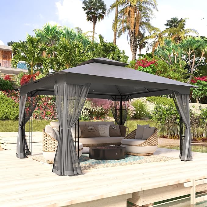 COOS BAY 10x12 Outdoor Patio Gazebo with Netting, Two-Tier Soft Top Canopy for Backyard, Lawn, Deck and Garden, Gray