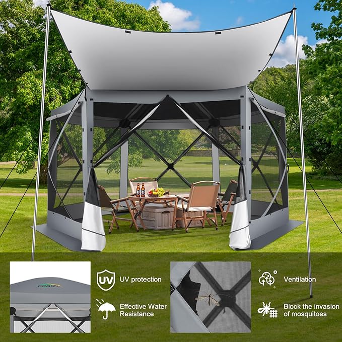 COBIZI 12x12 pop up Gazebo on Clearance Screen Tent for Camping, Scalable Sesign Outdoor Canopy Tent with Extension Support Poles & sidewalls,with Portable Carrying Bag and Ground Stakes,Gray