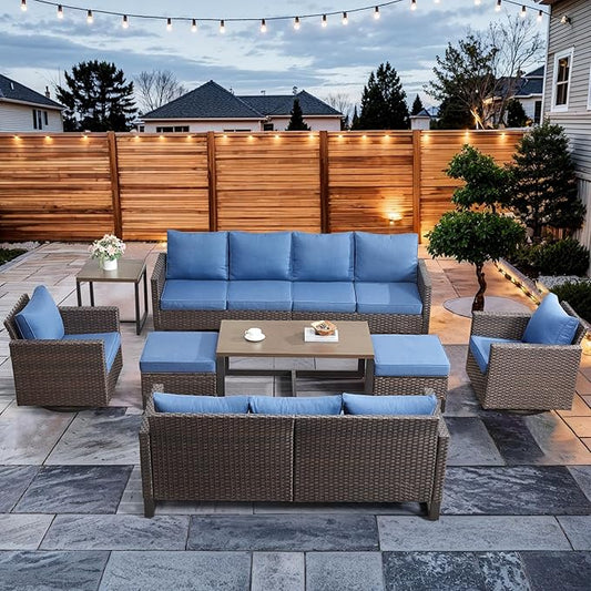 HUMMUH 9 Piece Patio Furniture Set Outdoor Sectional Sofa,High Back Patio Swivel Rocker Chairs with Ottomans Coffee Table for Porch,Garden,Backyard(Brown/Blue)