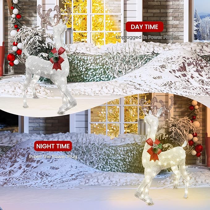 Lamerge Lighted Reindeer Family Set of 3, Christmas Decorative Deer with Red Bow and Ground Stake, Indoor or Outdoor Christmas Holiday Decoration for Yards Lawn Patio -White