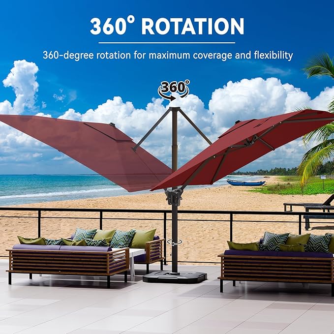 9' X 12' Cantilever Patio Umbrella with Base Included 360°Rotation Rectangular Outdoor Large Offset Umbrellas Heavy Duty Windproof for Garden Deck Pool, Red