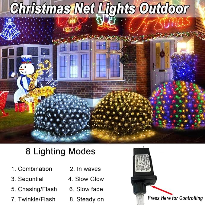 510 LED Christmas Net Lights, 27.9ft x 5ft Mesh Lights Outdoor Clear Wire 8 modes, Waterproof Connectable String Lights Plug in for Xmas Tree Bushes Garden Holiday Party Decorations - Warm White