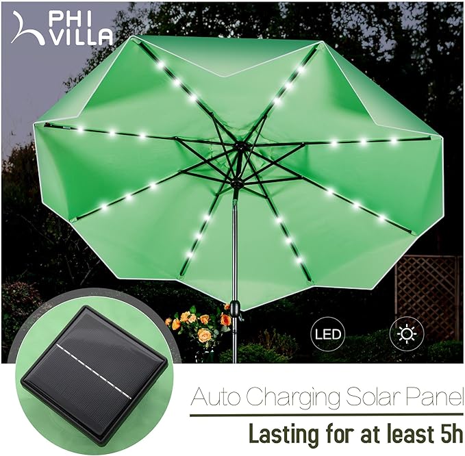 PHI VILLA 10ft Patio Umbrellas with 24 pcs LED Solar Lights, Outdoor Market Table Lighted Umbrella with 8 Steel Ribs, Tilt for UV-Resistant, Lotus Leaf Shape Canopy, Green