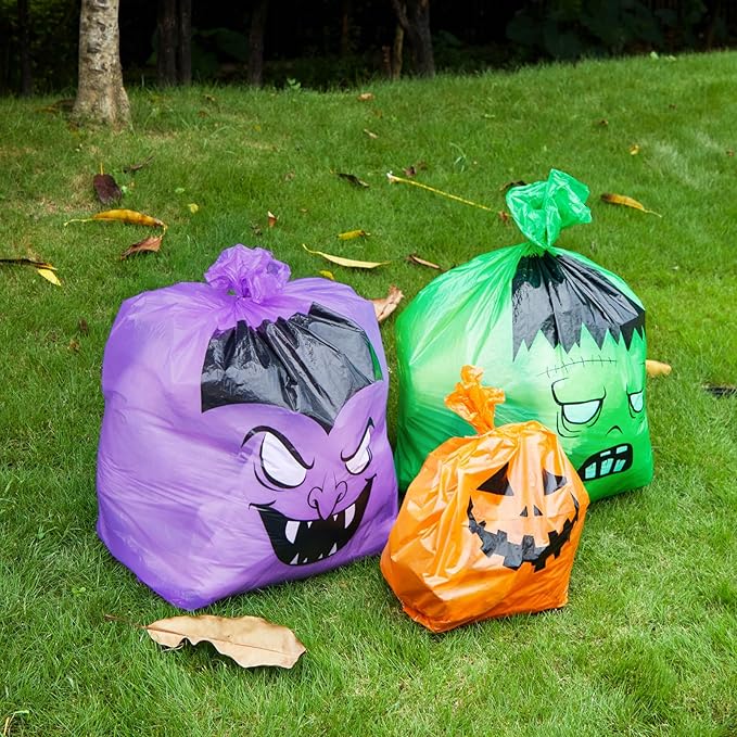 Qilery 24 Pcs Halloween Leaf Lawn Bags Plastic Pumpkin Trash Bags for Leaves with Twist Ties for Halloween Yard Garden Outdoor Party Favors Decorations