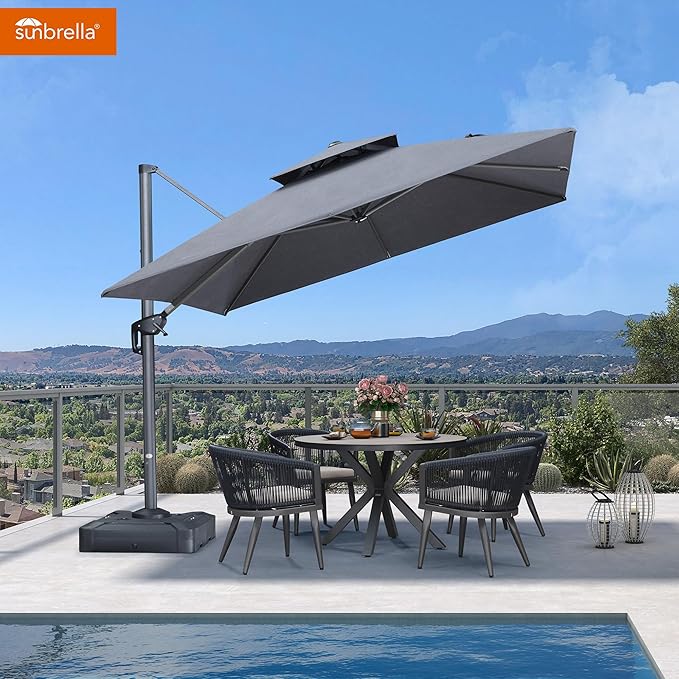 PURPLE LEAF Cantilever Umbrella with Base Included 10 Feet Outdoor Double Top Large Offset Hanging 360° Rotation Square Umbrella for Garden Patio Deck Pool Backyard Cast Slate