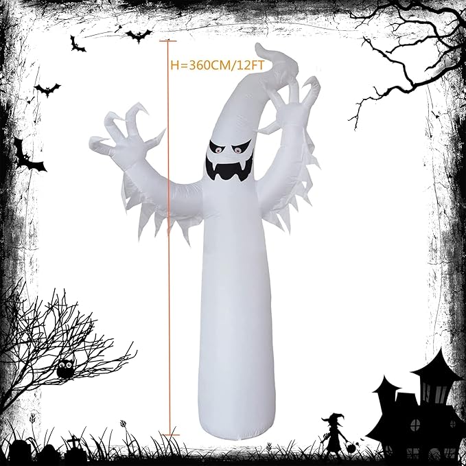 Dearsun 12FT H Giant Halloween Inflatable Ghost with Built-in Red Fire Flame Led Lights Inside, Huge Blow up Ghost Jumbo Scary Spooky Ghost Decor for Party Yard Decoration