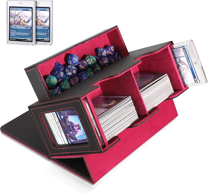 MTG Deck Box, MTG Commander Card Deck Box with Commander Display, Fits 250+ Single Sleeved, Double Card Storage Box with Dice Tray, Magnetic Card Storage Case for CCG TCG Sports Cards, Black Red