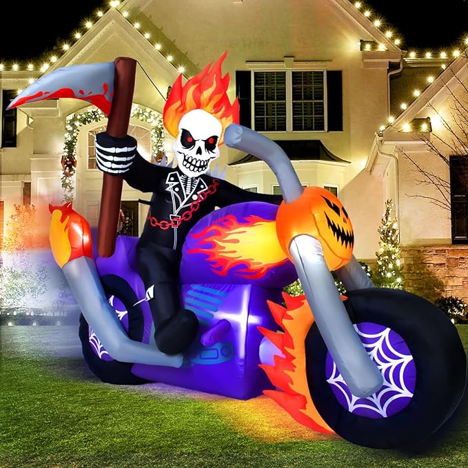 6 FT Halloween Inflatable Grim Reaper Motorcycle Rider Scary Halloween Blow Up Outdoor Decorations Grim Reaper Riding on Motorbike with Built-in LEDs Garden Blow up Yard Decor