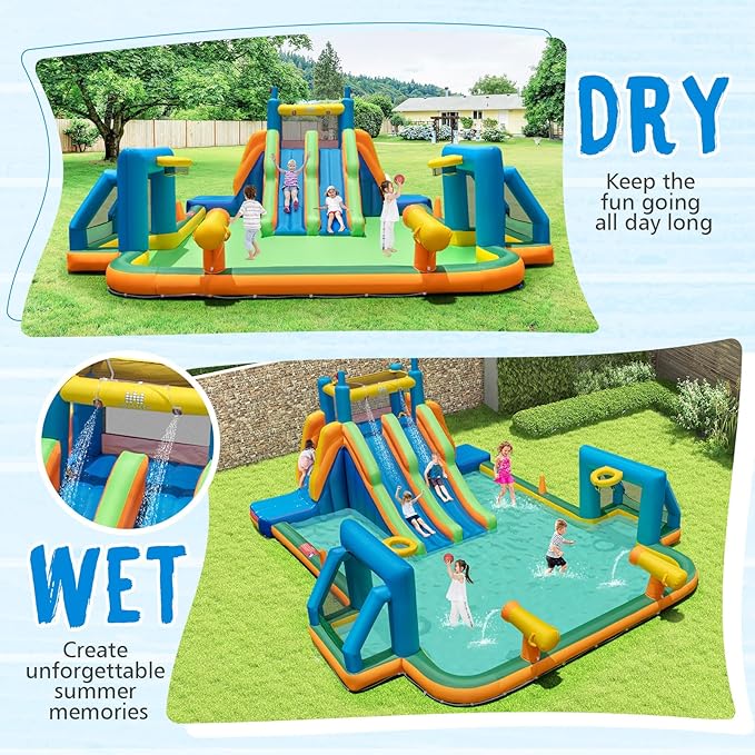 BOUNTECH Inflatable Water Slide, 19x17FT Kids Mega Waterslide Park w/Dual Slides for Racing Fun, 1100W Blower, Splash Pool, Blow up Water Slides for Big Kids and Adults Outdoor Backyard Party Gifts
