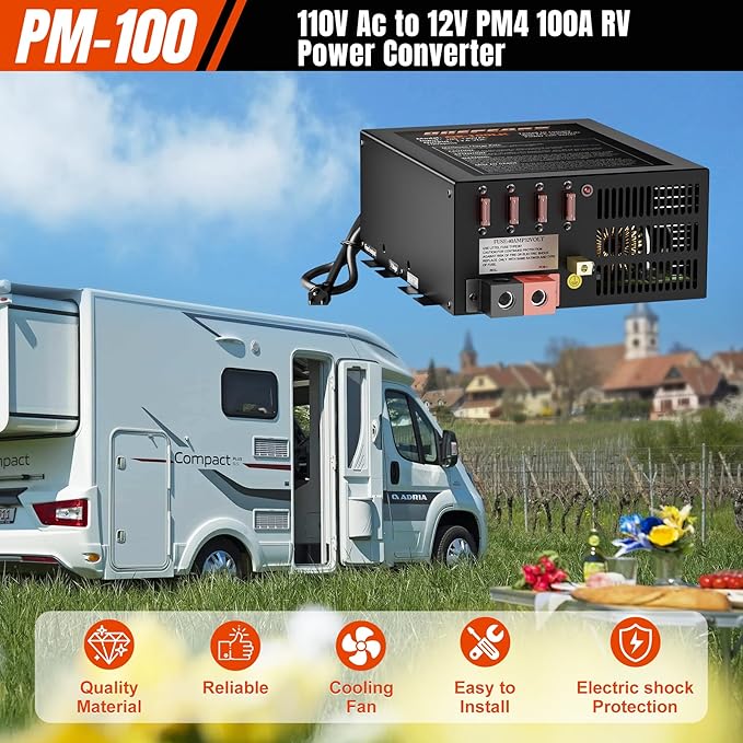 PM4 100 Amp RV Power Converter - Power Converter with Built-in 4 Stage Smart Battery Charger - Multiple Capacities 100A 110V AC to 12V DC 100 Amp Battery Charger RV Power Converter Replacement