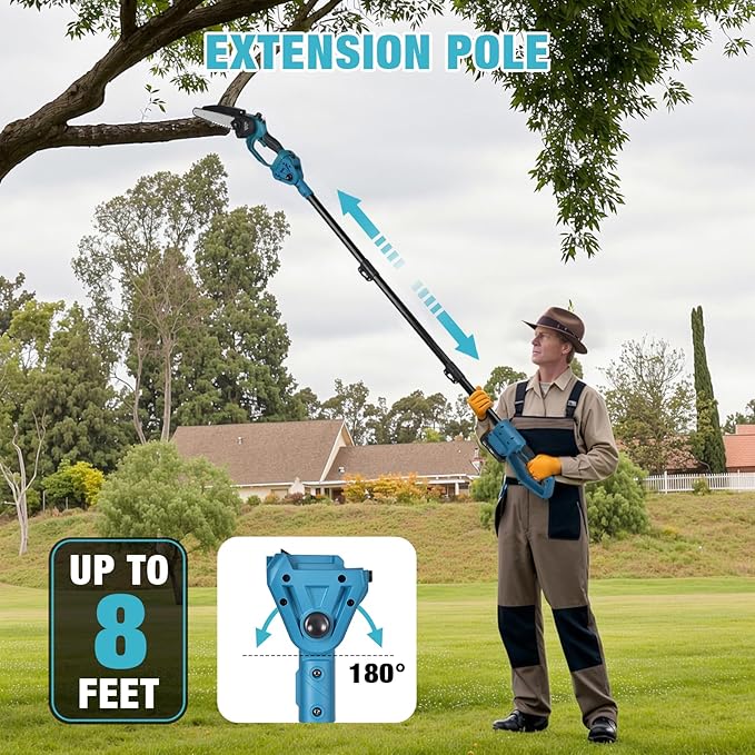 2-in-1 Electric Pole Saw, 6” & 8” Mini Chainsaw Cordless with Extension Pole & 2 x 21V Batteries, Tree Trimmer Tool for Branch Cutting & Pruning, Home & Garden & DIY