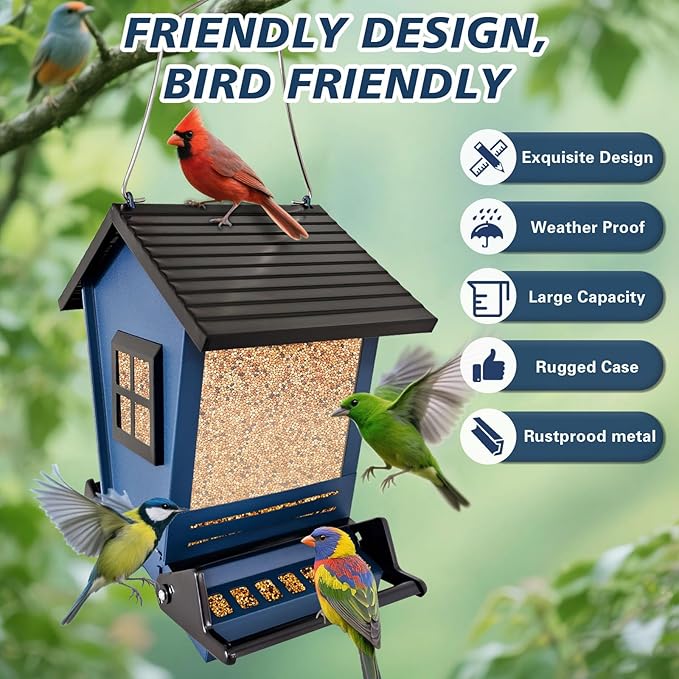 Squirrel Proof Bird Feeders for Outdoors Hanging, 5LB Capacity Metal Wild Birdfeeders Outside Hanging, Cardinal Bird Feeder Squirrel Proof as Various Finch Feeders for Outside (Blue)