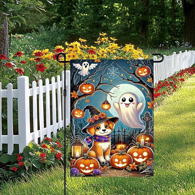 Halloween Horror Garden Flag 12x18 Inch Cute Ghost Dog Witch Hat Pumpkin Lantern Flag Spooky Outdoor Yard Decor House Banner Porch Lawn Patio Home Decoration