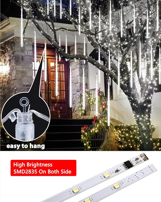 Flacchi Solar Meteor Shower Icicle Lights - 20 Tubes 480 LED Cascading Raindrop Lights, Outdoor Waterproof Christmas Decorations for Holiday Party (Cool White, Solar 20 Tubes)