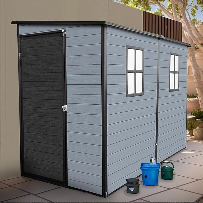 LANTRO JS 4x8FT Plastic Storage Shed with Floor, Outdoor Storage Shed with Floor Included, with 2 Windows and Lockable Door, Backyard Storage Sheds for Garden Tools, Bike, Gray and Black