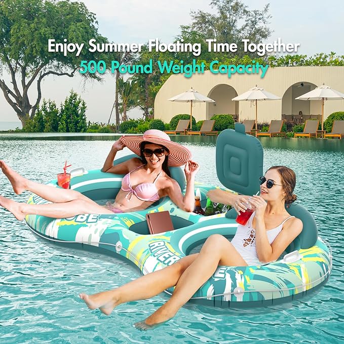 5-in-1 Pool Floats Adult Heavy Duty River Tube, 2 Person Water Lounge with Backrests, Built-in Cooler, Cup Holders, Deluxe Pool Float for Summer Relaxation