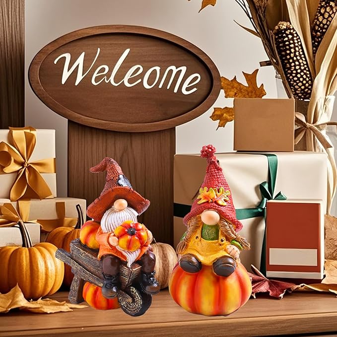 BUTILIVEEN Fall Gnomes Decorations for Home - 2PCS Autumn Harvest Garden Gnomes Statue Pumpkins Figurines, Thanksgiving Decor for Indoor & Outdoor, Resin, 7.5Inch
