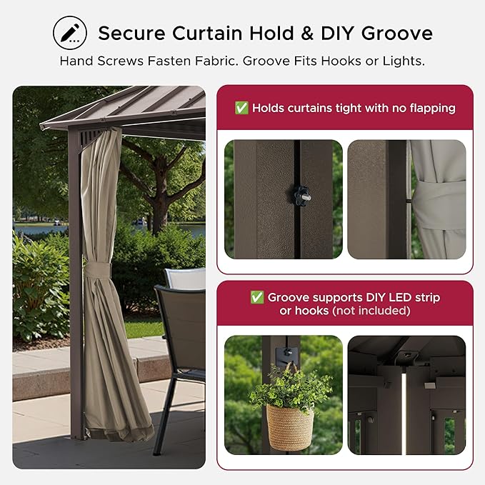 SUNJOY Kingston 14' x 12' Hardtop Gazebo with Galvanized Steel Double Roof, Curtain and Netting, Brown Aluminum Posts Permanent Pavilion Gazebo for Garden, Patio, Deck, Lawn