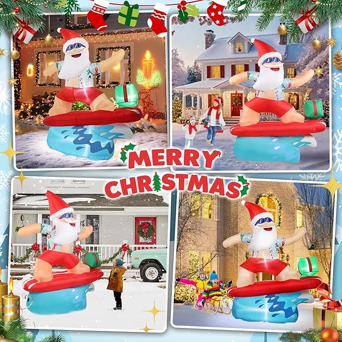 Gardentime 6.5FT Christmas Santa Claus Inflatables Outdoor Decoration Surfing Santa Fun Hawaii Giant Xmas Blowups with Built-in LED Lights for Holiday Indoor Yard Lawn Garden Outside Home Decor
