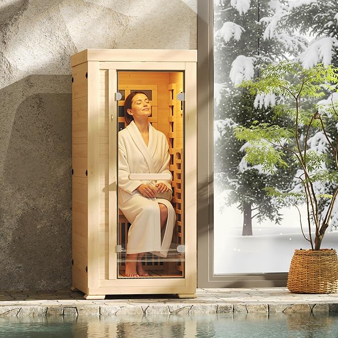 Infrared Sauna at Home 1 Person Mini with 7 Color Therapy, Low EMF 1240W Fast Heating Canadian Hemlock Wood Sauna, Indoor Dry Sauna with Bluetooth Speakers for Home, Gym (2.3Lx2.9Wx5.2H Ft)