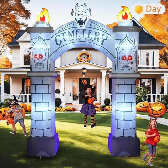 9.5FT Halloween Inflatable Archway, Giant Blow up Arch Yard Decorations with Skeleton, CEMETERY, Wisp, Demon, Outdoor Halloween Decorations Build-in LEDs Lights for Yard, Party, Garden, Lawn
