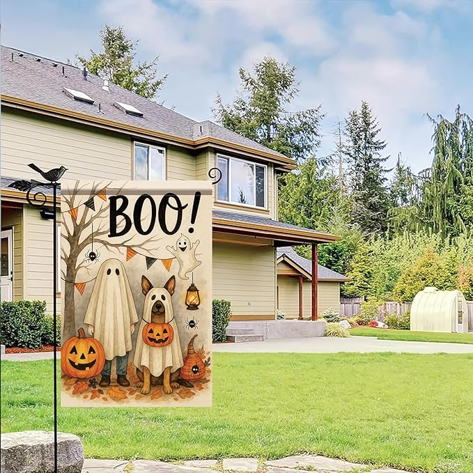 Halloween Garden Flag Ghost Costume Dog Flag 12x18 Inch Double-Sided Pumpkin Boo Yard Banner Fall Outdoor Decoration for Porch Lawn Pathway Trick or Treat Dog Lover Gift