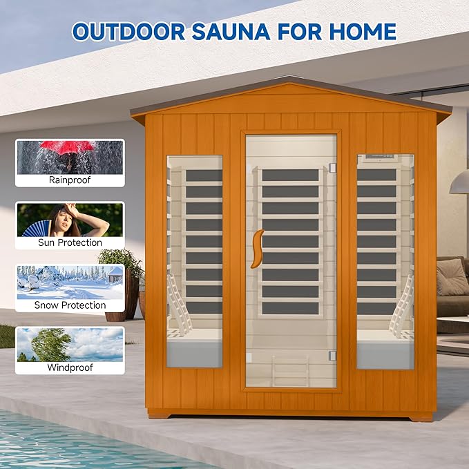 Outdoor Sauna 4 Person, Far Infrared Sauna for Home Low EMF, Wooden Spa Dry Saunas Room with Infrared Lighting and Integrated Speakers, 7 Colors Chromotherapy for Indoor and Gym