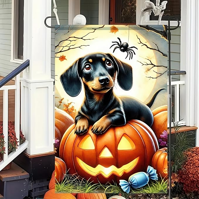 Halloween Garden Flags 12x18 Inch Double Sided Trick or Treat Dachshund Dog Garden Flag Halloween Dog Skeleton Decorations Banner Small Halloween Outdoor Yard Flag for Outside