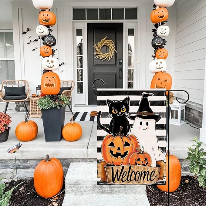 Artofy Welcome Halloween Black Cat Ghost Small Decorative Garden Flag, Spooky Jack O Lantern Pumpkin Yard Lawn Outside Decor, Funny Stripes Burlap Outdoor Home Decoration Double Sided 12 x 18