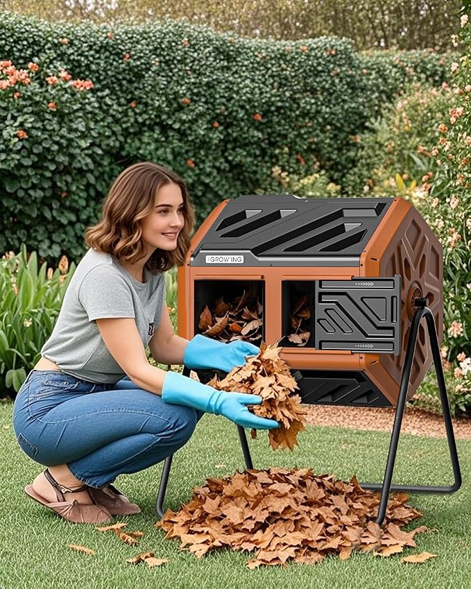 THEGROW'ING Updated 43 Gallon Compost Bin Outdoor, Fast Assemble Tumbling Composter, Dual Chamber Composter Tumbler, Rotating Compost Bin for Outside, Backyard, Garden and Yard, Orange