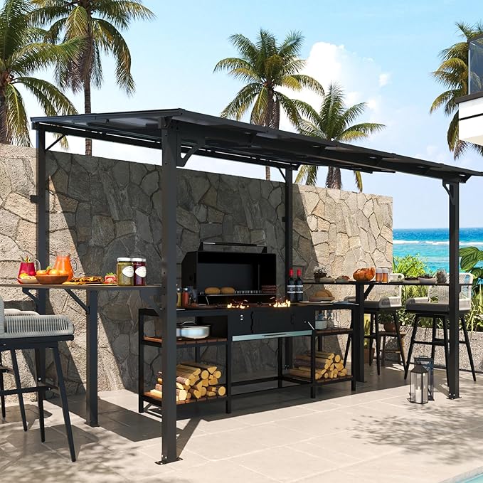 MEISSALIVVE 8' x 10' Wall Mounted Gazebo, Outdoor BBQ Grill Gazebo with Side Shelf, Lean to Metal Awnings with Sloped Roof, Heavy Duty Pergola for Backyard, Deck, Black
