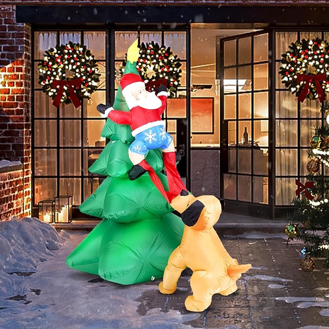 Dearsun 6.5FT H Christmas Inflatable Tree with Build-in LED Lights, Funny Inflatable Dog Chasing Santa Claus,Blow Up Christmas Outdoor Decor Giant Yard Party Decoration (Santa Claus Chased by Dog)