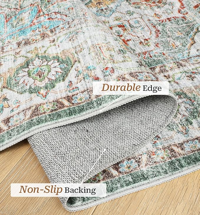 10x14 Area Rugs,Ultra-Thin Washable Rugs for Living Room,Non-Slip Lightweight Foldable Area Rug,Stain Resistant Vintage Large Rugs (Green,10'x14')