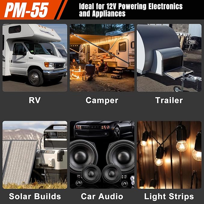 PM4 55Amp RV Power Converter - Power Converter with Built-in 4 Stage Smart Battery Charger - Multiple Capacities 55A 110V AC to 12V DC 55Amp Battery Charger RV Power Converter Replacement