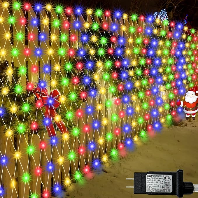 510 LED Christmas Net Lights, 27.9ft x 5ft Mesh Lights Outdoor Clear Wire 8 modes, Waterproof Connectable String Lights Plug in for Xmas Tree Bushes Garden Holiday Party Decorations - Multicolor