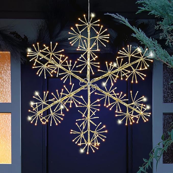 30’’ Christmas Snowflake Lights Outdoor, Pre-lit 240Pcs Warm White LEDs Hanging Golden Snowflake Decoration for Home Indoor Outdoor Window Silhouette