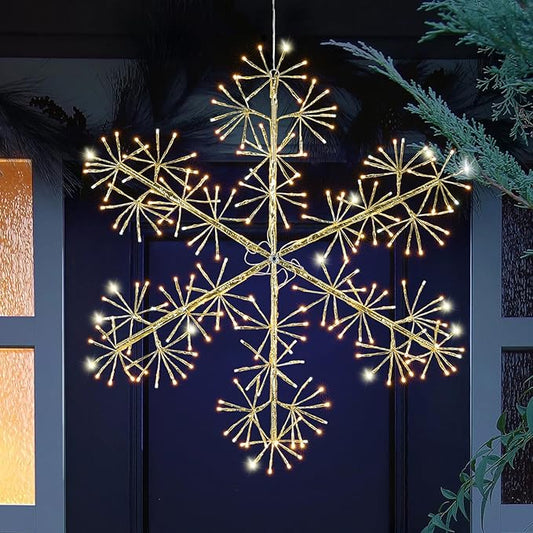 30’’ Christmas Snowflake Lights Outdoor, Pre-lit 240Pcs Warm White LEDs Hanging Golden Snowflake Decoration for Home Indoor Outdoor Window Silhouette