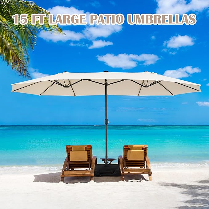 Sundale Outdoor Olefin 5-Year-Non-Fading 15 ft Patio Umbrella with Sand Bag Base and Cover, Large Outdoor Double-Sided Umbrella