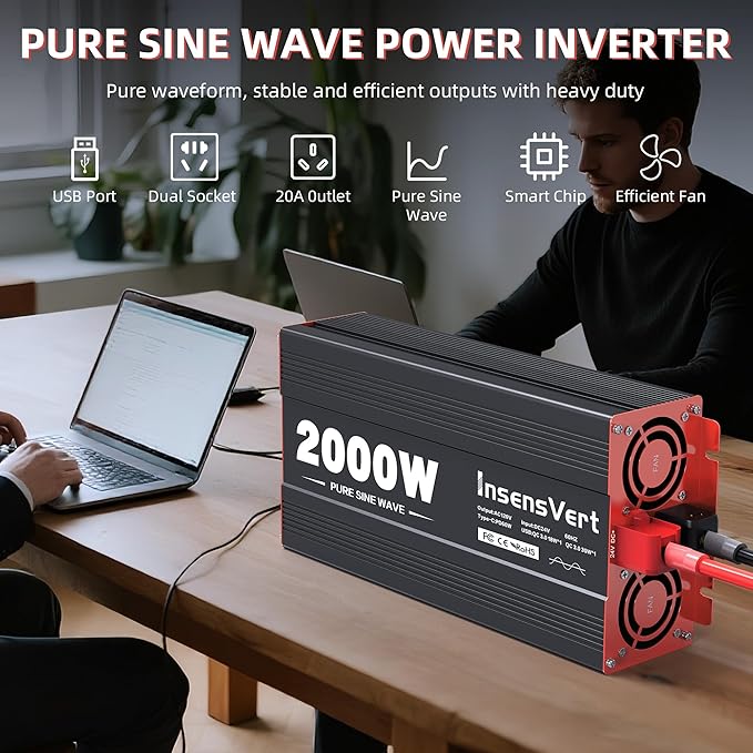 2000W Pure Sine Wave Inverter, Car Power Inverter 24V to 120V AC Converter for RV, Truck, Solar, Outdoor with Dual AC and 20A Socket, 18W+30W USB, PD60W, Surge 4000W, Remote Control(2000W-24V)