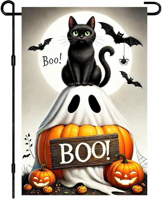 Halloween Garden Flag 12x18 inch Double Sided Boo Black Cat Flags Pumpkin Banner Spooky Bat Moon Small Yard Flag for Fall Outdoor Halloween Party Decoration