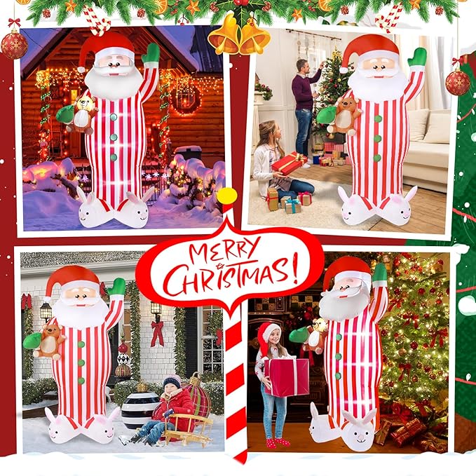 Christmas Inflatable Santa Claus Outdoor Decorations 8ft Giant Blow Up Yard Striped Santa Inflatables Cute Xmas Winter Blowups Led Lights Decor Rabbit for Holiday Vacation Outside Lawn