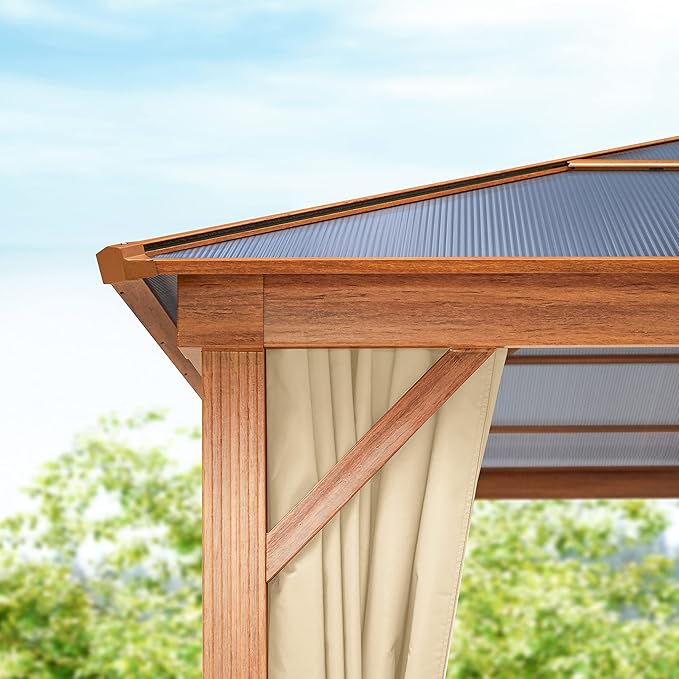 TOOLPORT Hardtop Gazebo 13x13 ft with Polycarbonate Roof - Wood-Like Finish - 4 Side Panels in Champagne