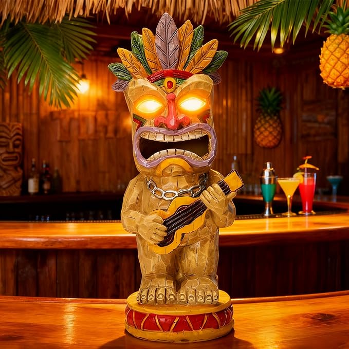 Solar Tiki Garden Statue with LED Eyes Outdoor Resin Ukulele Player Yard Decor Solar Light Hawaiian Style Lawn Ornament for Patio Porch Lawn Tiki Bar or Tiki Lover Funny Gifts