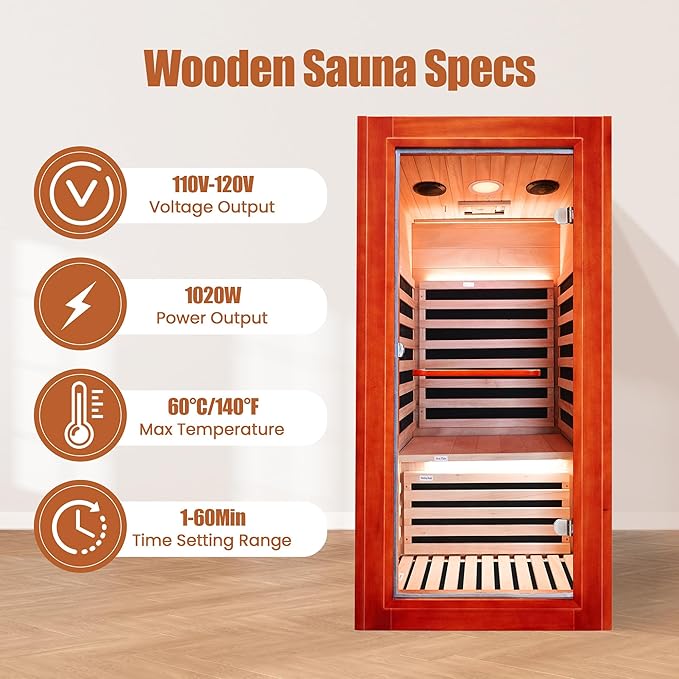 Infrared Sauna for Home Indoor Sauna Wooden Dry Sauna Room Low EMF 1020W for 1 Person with Control Panel, Bluetooth Speaker, Reading Lamp