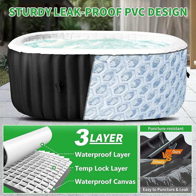 2 Person Inflatable Hot Tub with LED Lights, Oval Blow Up Portable Hot Tub, Leak-Proof PVC Outdoor Spa with 100 Strong Air Jets, Pump and Insulated Cover, Side Table, 75” X 47”X 25”