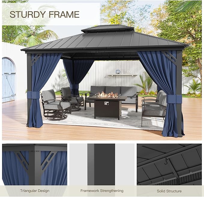 12'x14' Hardtop Gazebo,Double Roof, Outdoor Galvanized Steel Metal Gazebo with Curtains and Netting for Patios, Gardens, Lawns,NavyBlue